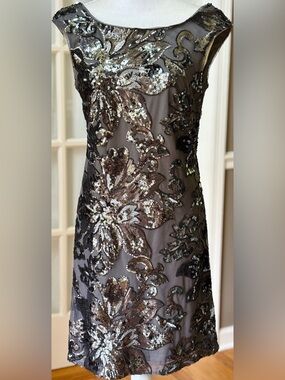 WHBM Taupe Bronze Sequin Mesh Cocktail Dress Floral Beaded Shift 6 NWT